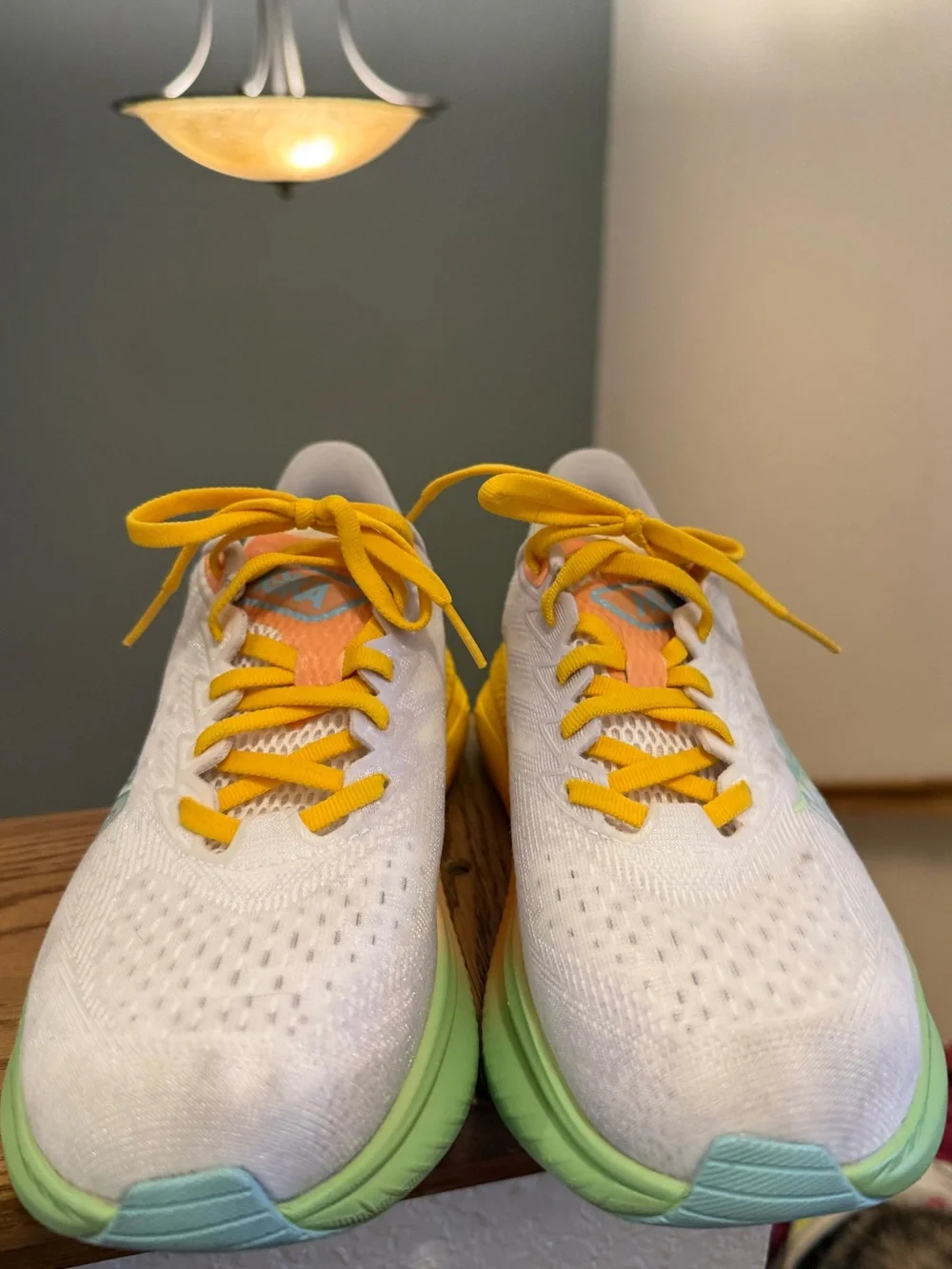 Hoka White Running Shoes with Yellow Laces & Pastel Gradient Midsole - Picture 3 of 7